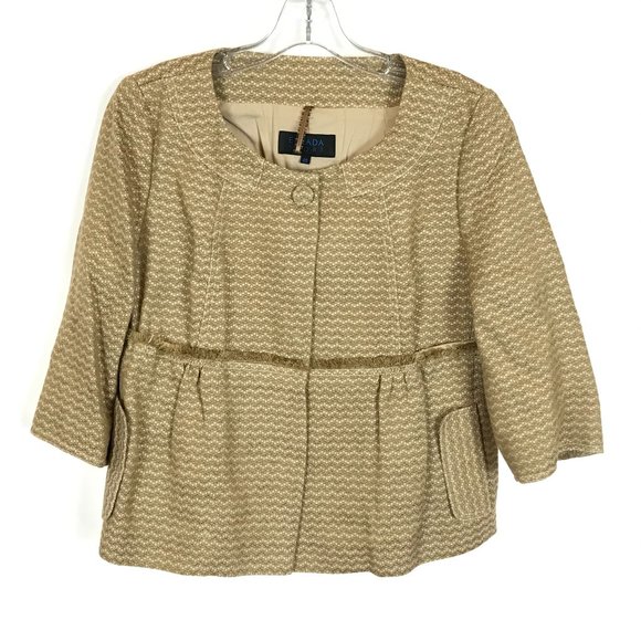 Womens Size 10 Escada Sport Tan Zig Zag Linen Blend Jacket with Fringe Accent - Picture 1 of 4
